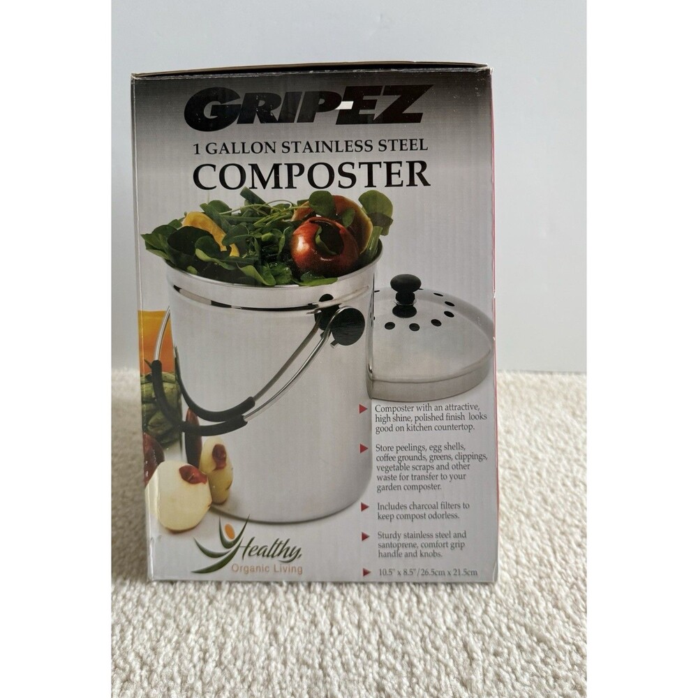 Grip-Ez Countertop Compost Bin Kitchen 1 Gallon Odorless Stainless Steel w/Lid - Picture 10 of 13